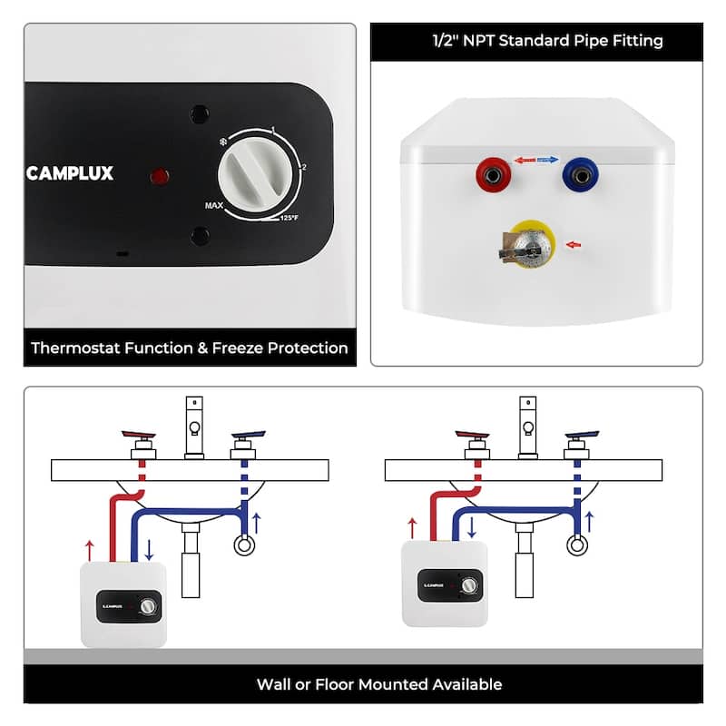 CAMPLUX 2.5 Gallons 1.44kW Mini Tank Electric Water Heater with Cord Plug, White
