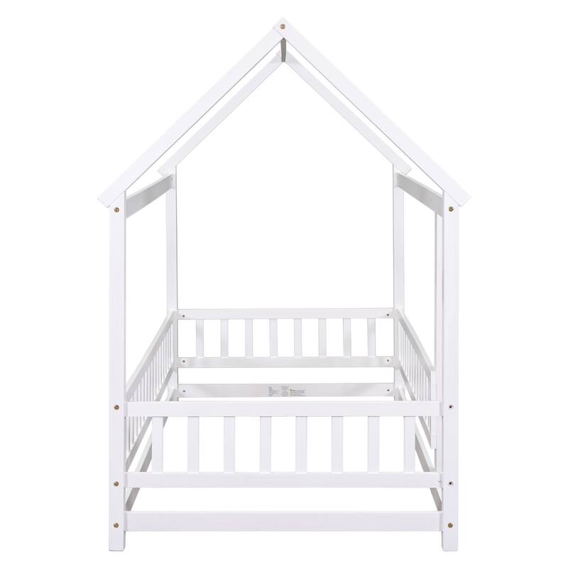 Full/Twin Size Wooden Bed with House Roof Frame and Fence Guardrails