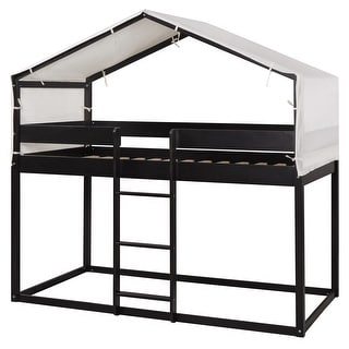 Twin Over Twin Floor Bunk Bed Wood House Bed with Tent - Bed Bath ...