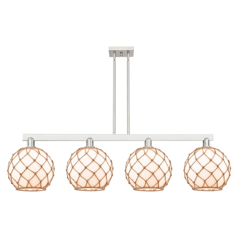 Innovations Lighting Endless Possibilities Arcadia - Farmhouse Rope - 4 Light 53" Stem Hung Island Light - White Glass with Brown Rope/Brushed Satin Nickel