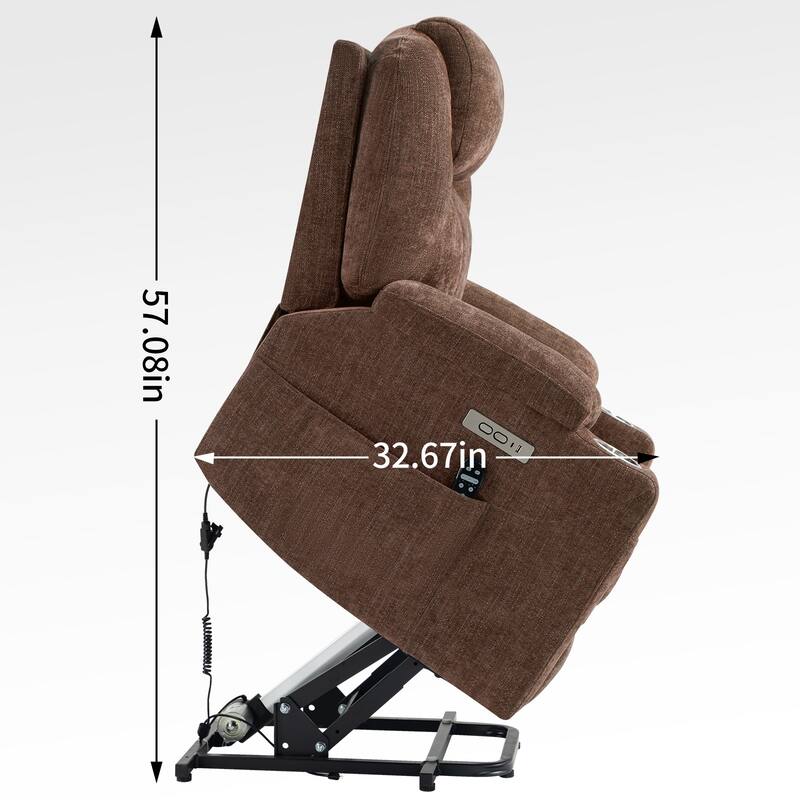 Chenille Power Lift Recliner Massage Chair: 8-Point Vibration Massage, Lumbar Heating, Dual USB Ports, Cup Holders