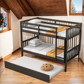 Solid Wood Twin Over Twin Bunk Beds with Trundle,Safety Rail and Ladder