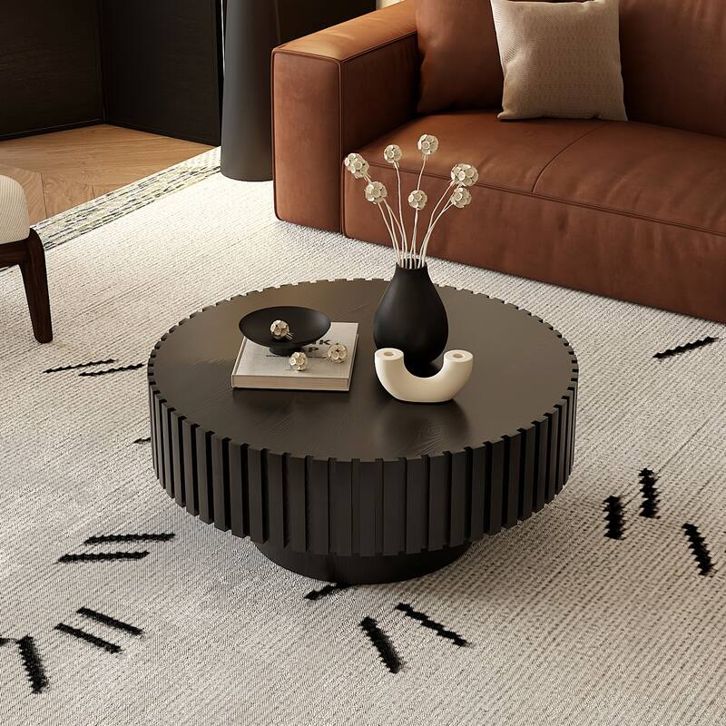 Wooden Handcrafted Relief Round Coffee Table with Sturdy Pedestal