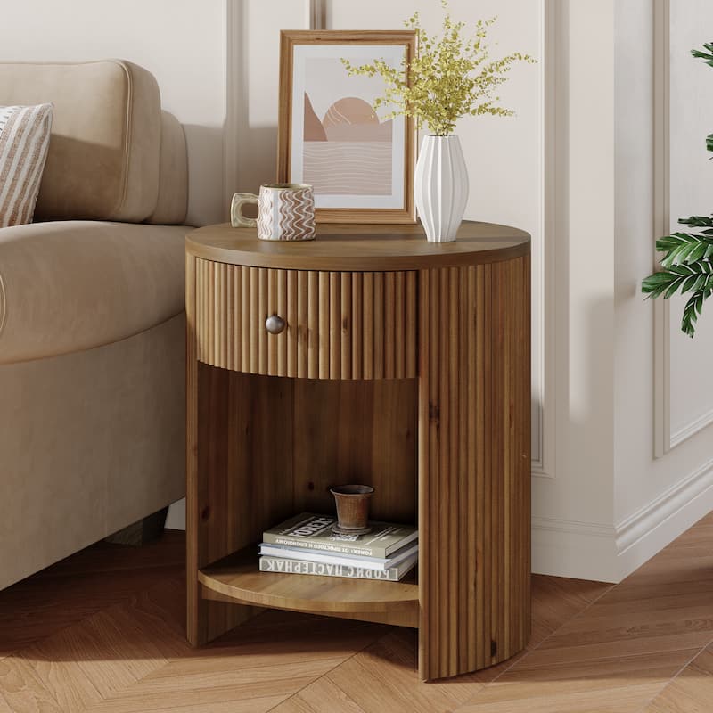 2-Tier Round End Table with Drawer, No Assembly Required, Wooden Beside Table, Circle Nightstand for Bedroom, Living Room