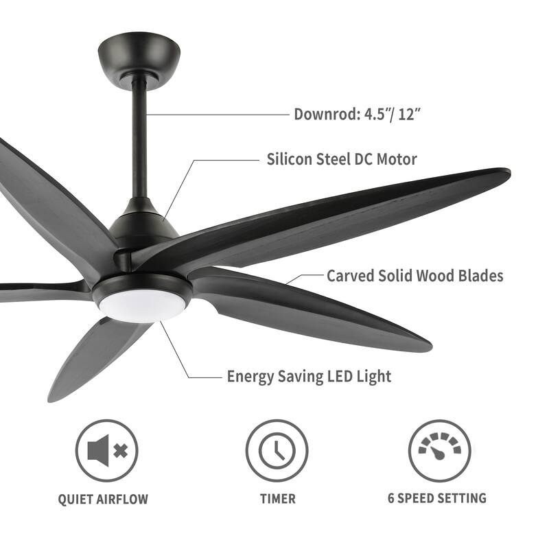 GetLedel 54" Solid Wood 5-Blade Ceiling Fan with Dimmable LED and Remote Control