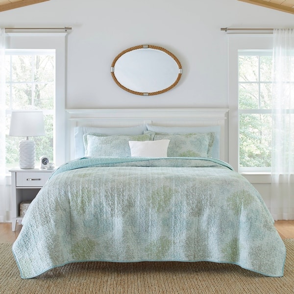 Laura Ashley Saltwater Blue Reversible Cotton Quilt Set On Sale Bed