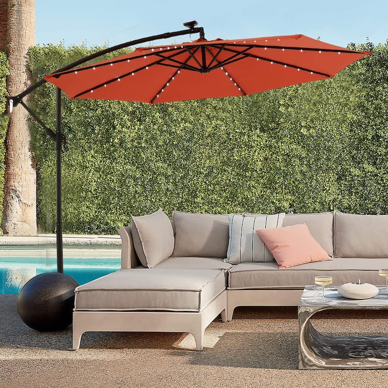 Outdoor Patio 10-Ft Solar LED Offset Hanging Umbrella