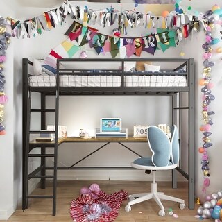 Black Metal Twin Loft Bed with L-Shaped Desk,Charging Station,Safety Guard,Ladder