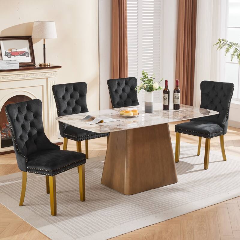 Velvet Dining Chairs Set of 2, Tufted Dining Chairs with Nailhead Trim, Kitchen Chairs with Lion Head Pulls Ring & Wooden Legs