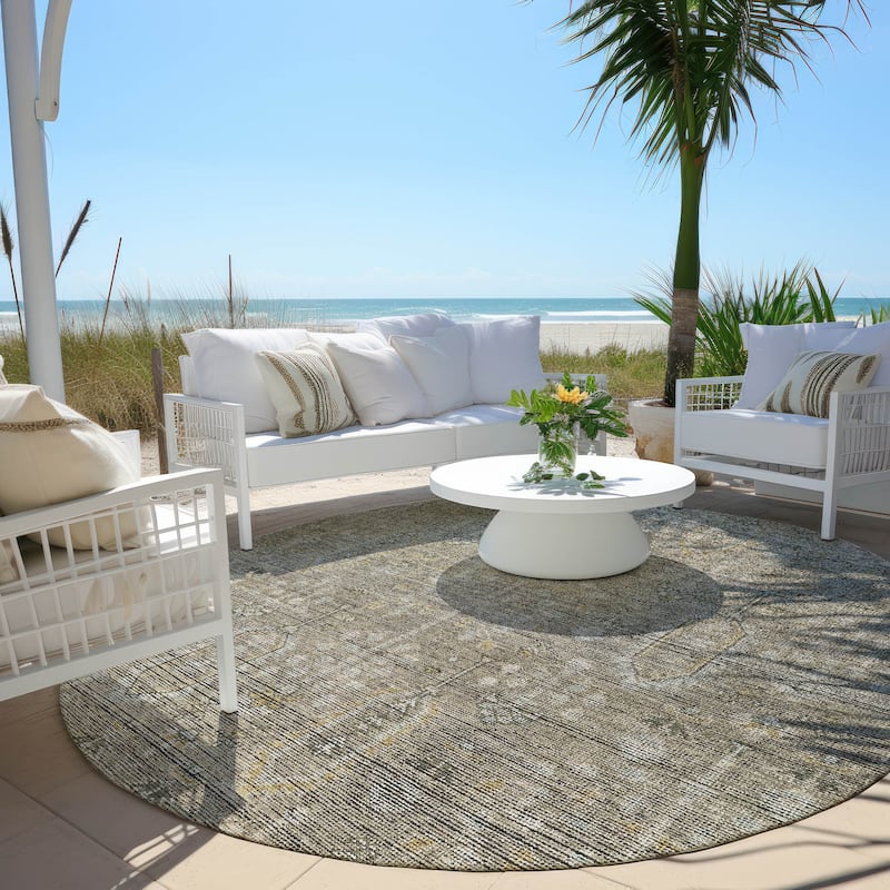 Machine Washable Indoor/ Outdoor Chantille Traditional Distressed Rug - Taupe - 8' x 8'