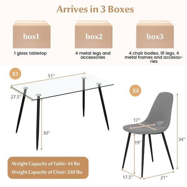 Gymax 5 PCS Dining Table Set 51" Modern Rectangular Glass Table & 4