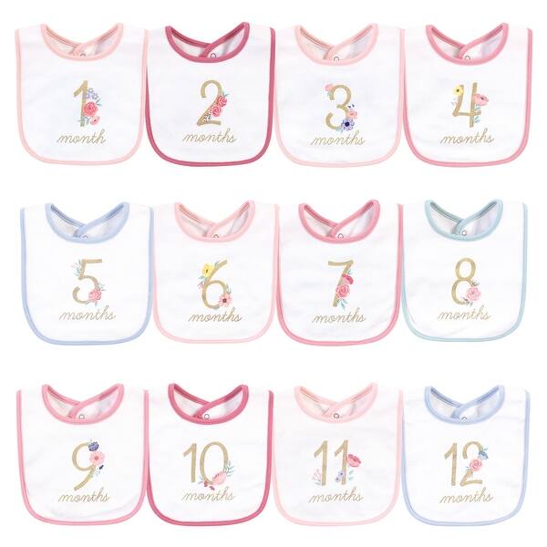 slide 1 of 1, Hudson Baby Infant Girl Cotton Bibs 12pk, Milestone Floral, One Size - Milestone Floral - One Size One Size - Milestone Floral