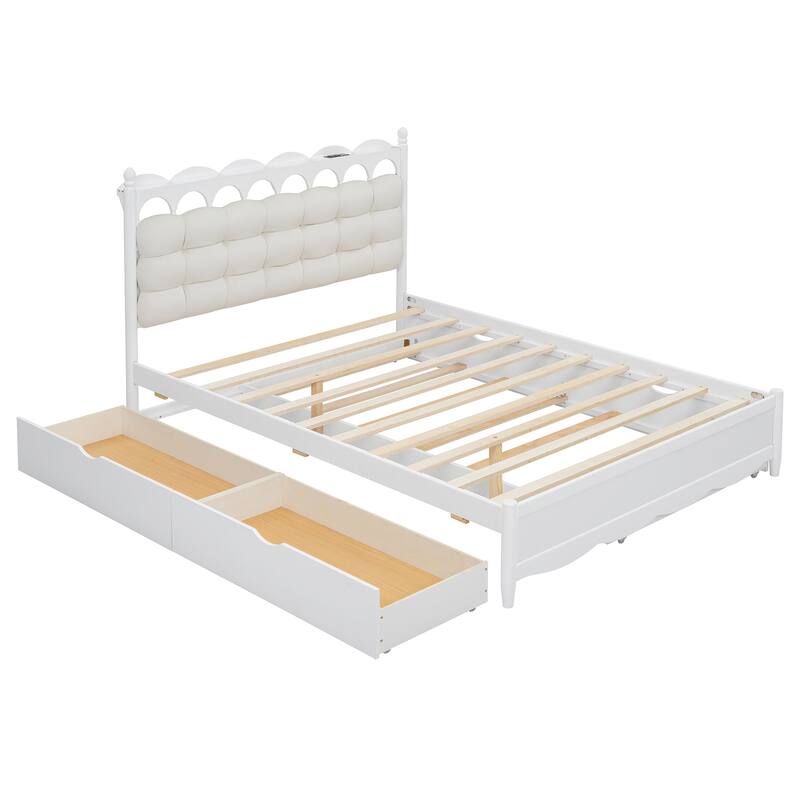 Roomfitters Queen Wooden Platform Bed with Trundle, Storage Base and USB Charging Ports