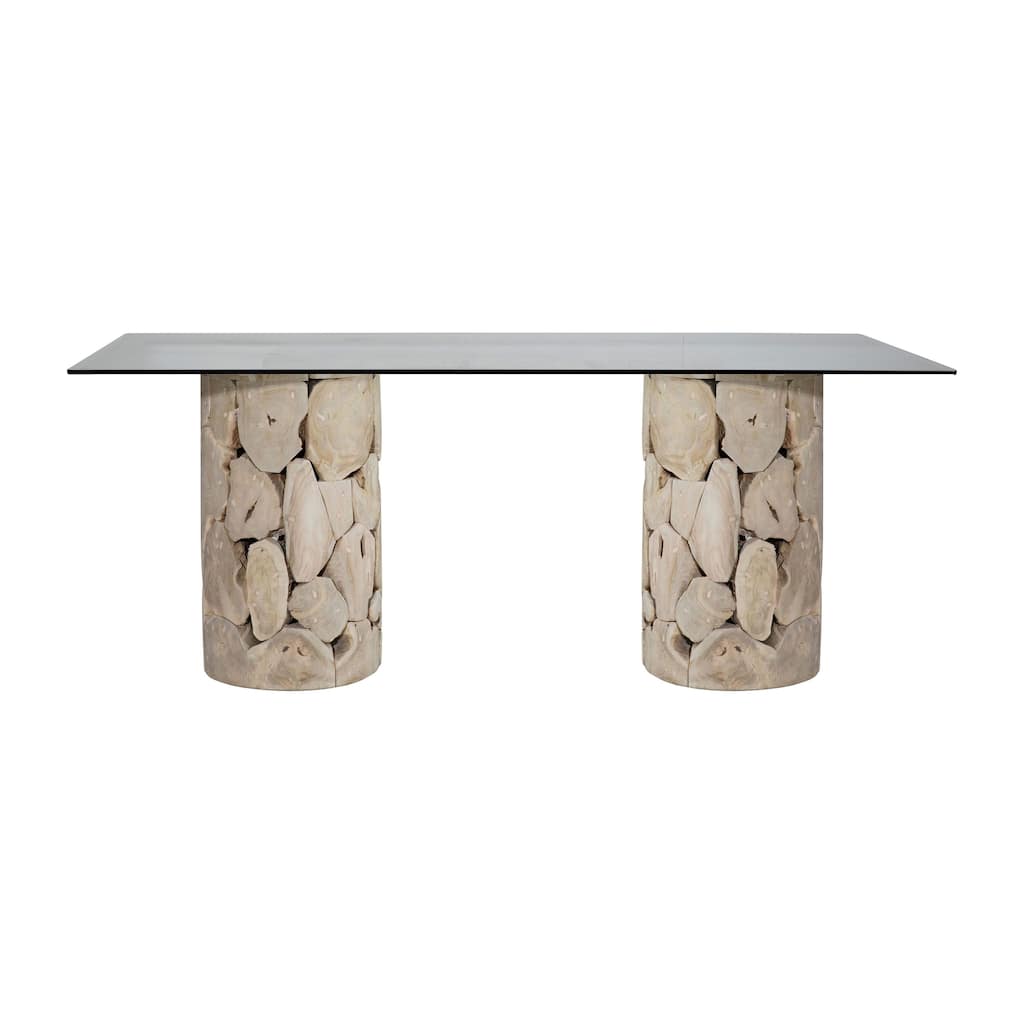 Scarlett 79-inch Rectangular Double Pedestal Base Glass Top Dining Table, Bleached Teak Root