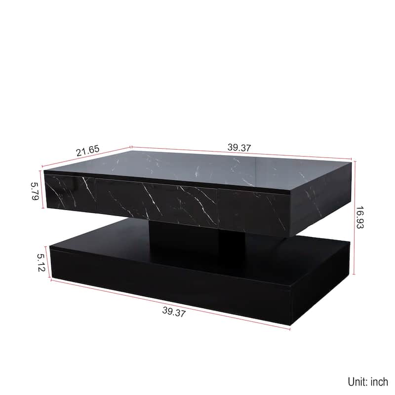High-Glossy LED Coffee Table with 2 Drawers, Living Room Storage Tables with Marbling Print, Stylish Double-Layer Center Tables