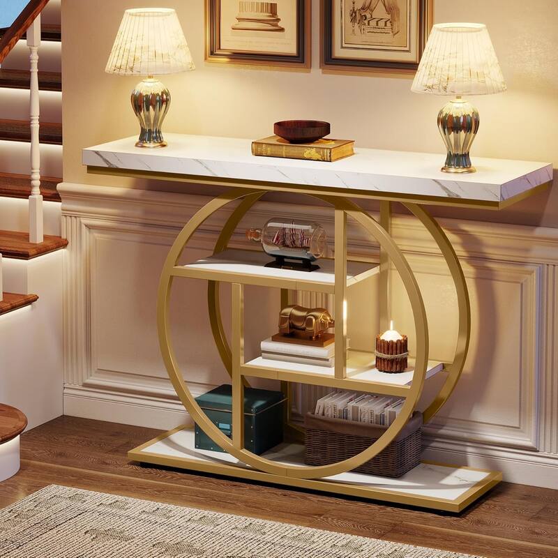 41.3" Industrial Console Table White & Gold Finish