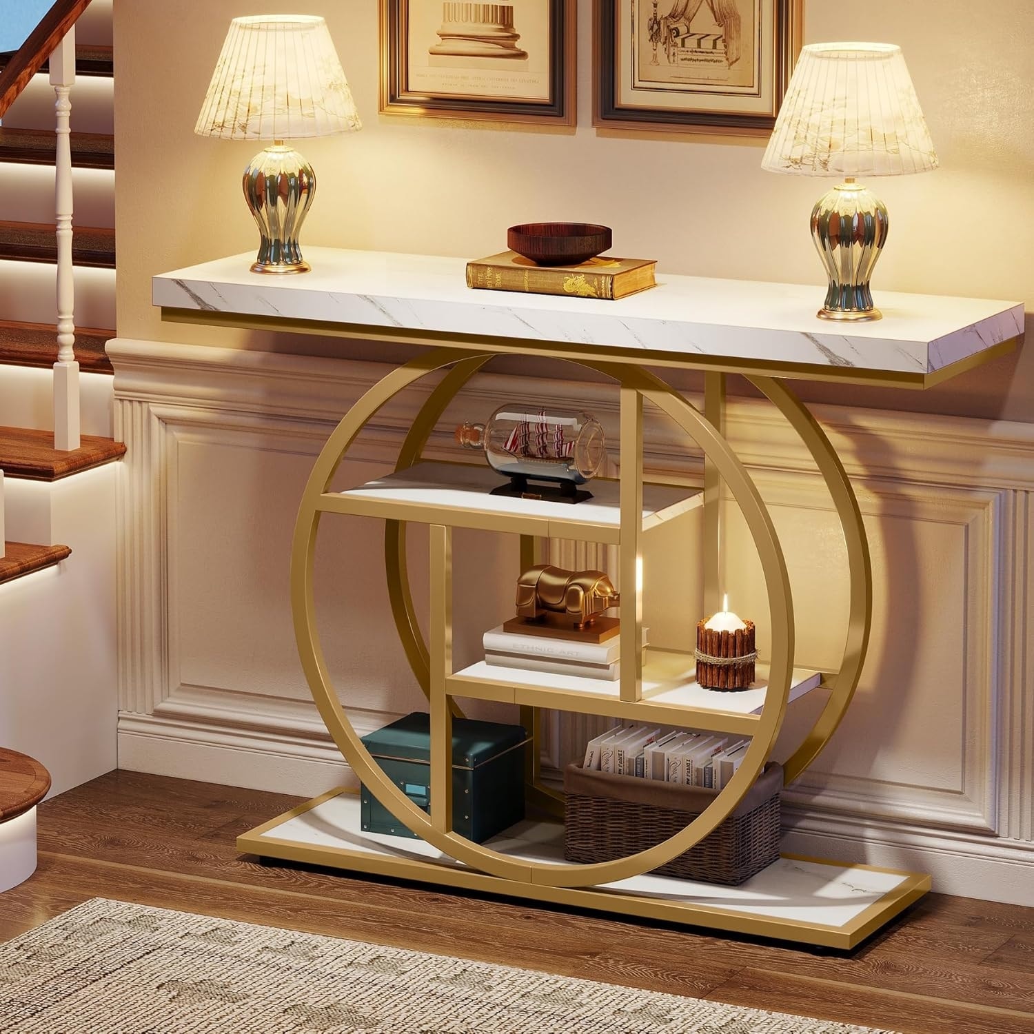 41.3" Industrial Console Table White & Gold Finish