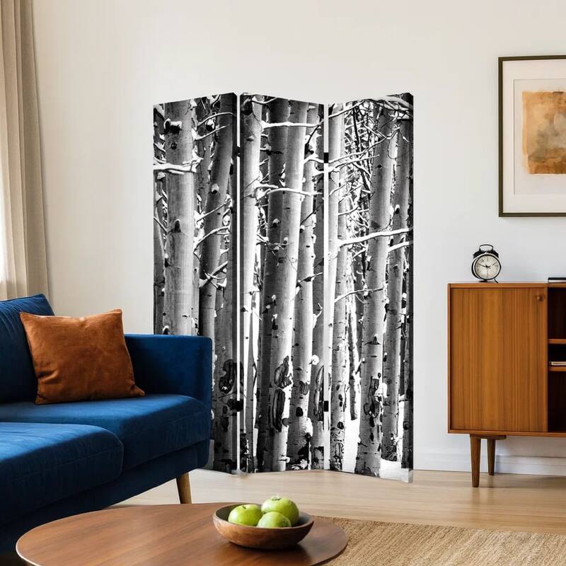 3 Panel Canvas Foldable Screen with Birch Print, Black and White - 6 x 12