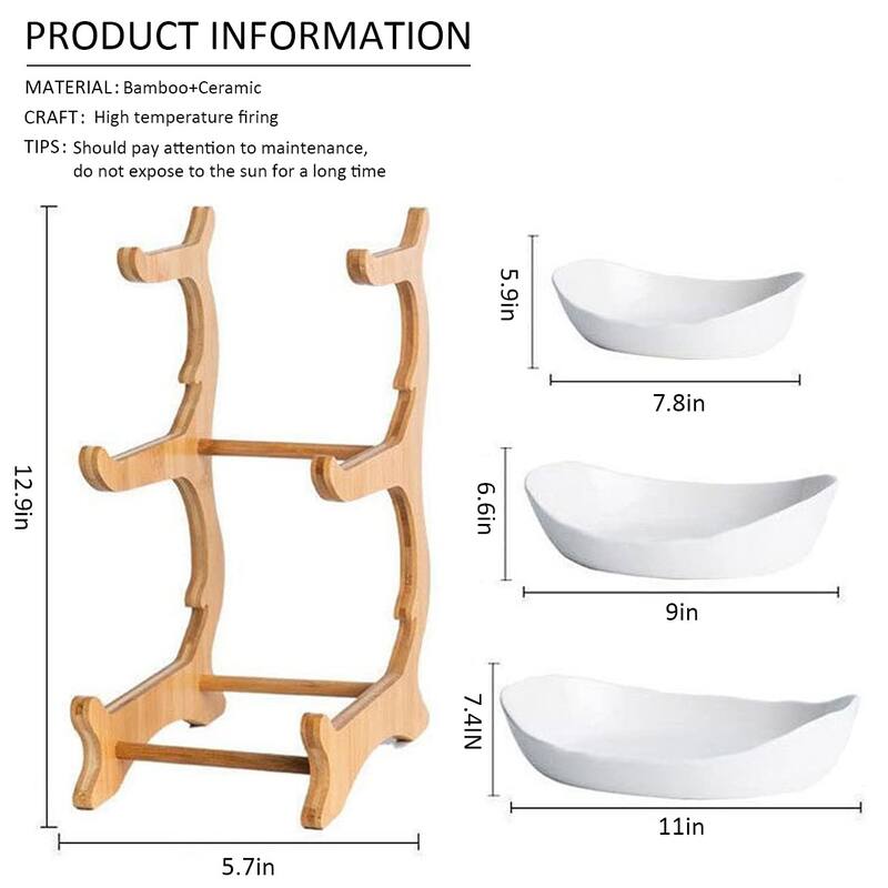 3 Tier Ceramic Fruit Bowl With Bamboo Wood Stand for Kitchen Counter,Porcelain Fruit Basket for Vegetable Storagee