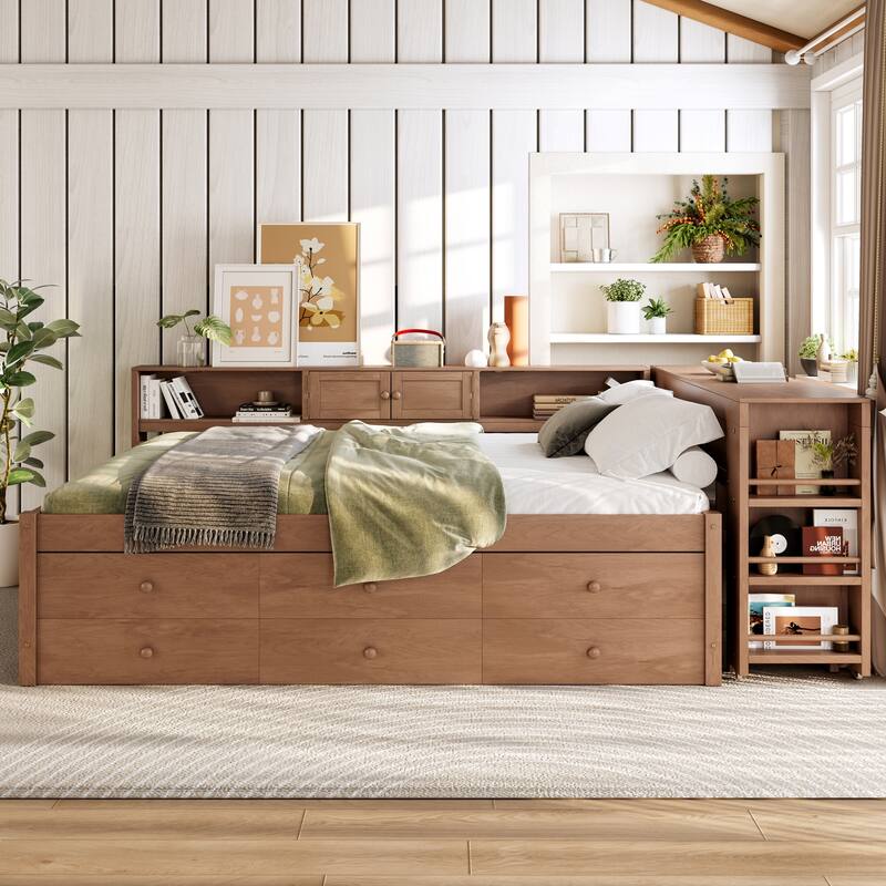 Full/Twin Daybed with Trundle & Storage Drawers - Wood Frame with Side Shelves and Desk - Brown - Full