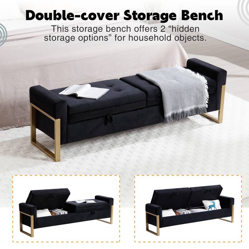 66" Storage Bench for Bedroom End of Bed with Double Lids and Gold Legs