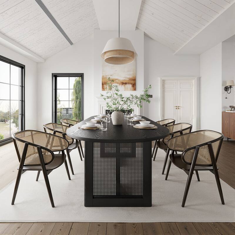 79" Dovelina Oval Dining Table with Rattan Double Pedestal for 8 People