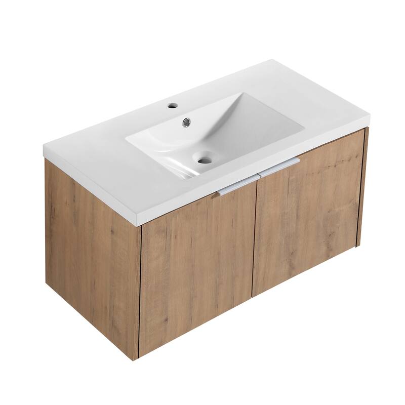 Floating Bathroom Vanity with Resin Sink, Soft Closing Doors, Metal Handles, and Ample Storage Space - 35.4in L Plywood