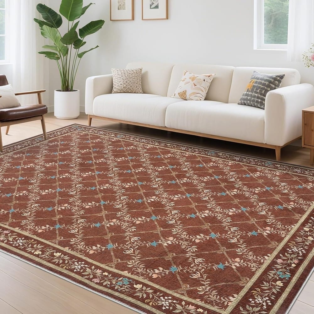 Floral Neutral Washable Hallway Low Pile Area Rug for Bedroom, Living Room, Red - 2' x 3'