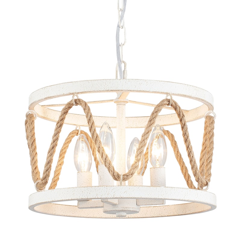 4-Light Drum-shaped Chandelier with Hemp Rope for Kitchen Living Room