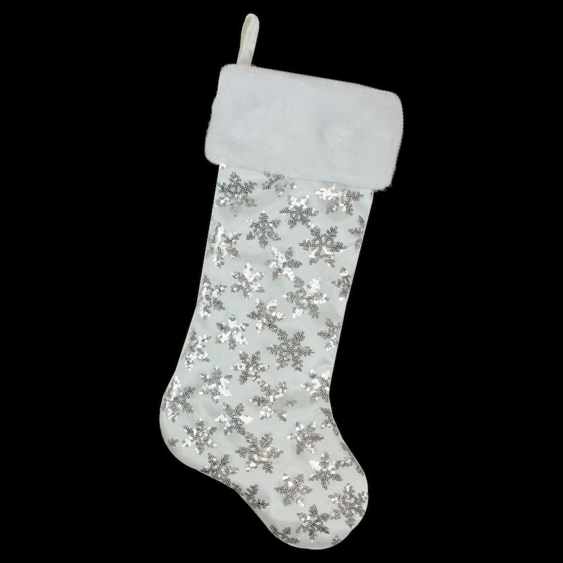 19 White and Silver Sequin Snowflake Christmas Stocking - 19"