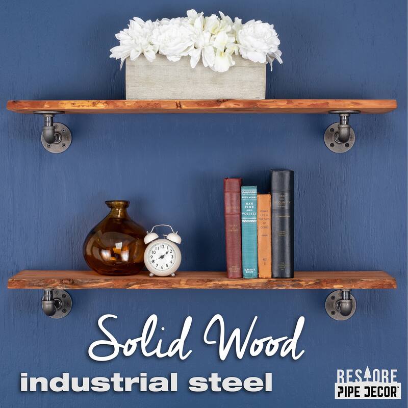 PIPE DECOR Live Edge Reclaimed Wood Shelf with Industrial Pipe Brackets, Set of 2