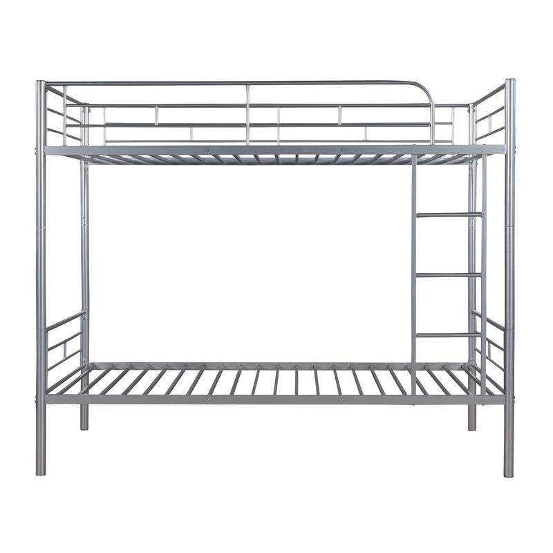 Silver Twin Over Twin Metal Bunk Bed with Safety Guardrails & Space-Saving Design