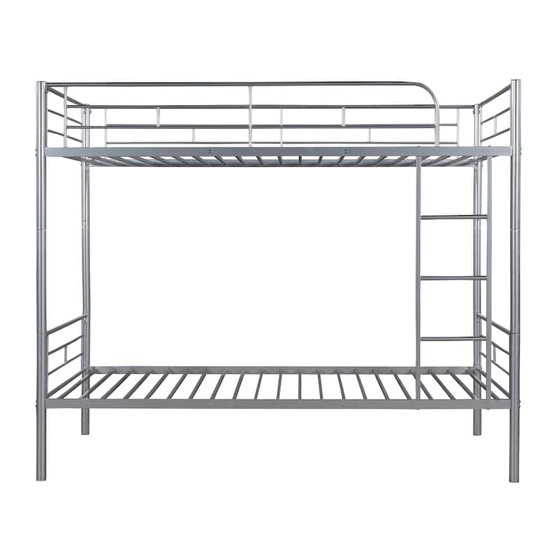 Silver Twin over Twin Metal Bunk Bed with Fence and Ladder