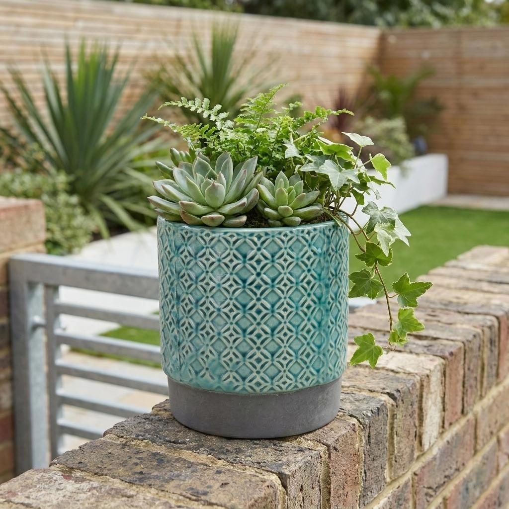 HomeRoots 6" Turquoise Geometric Ceramic Indoor Outdoor Round Pot Planter