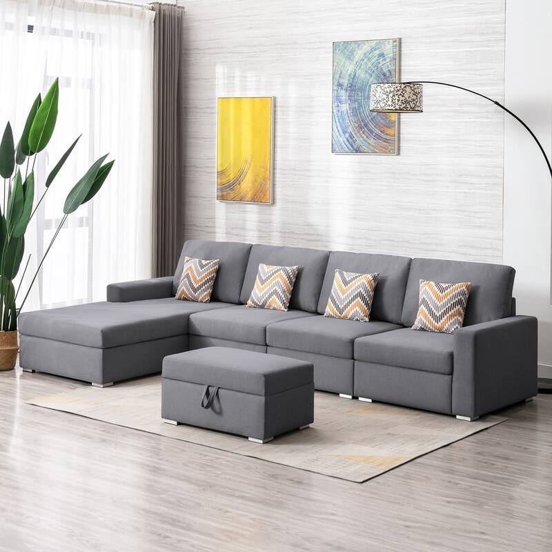 Linen Fabric 5 Piece Reversible Sofa Chaise with Interchangeable Legs and Storage Ottoman in Grey