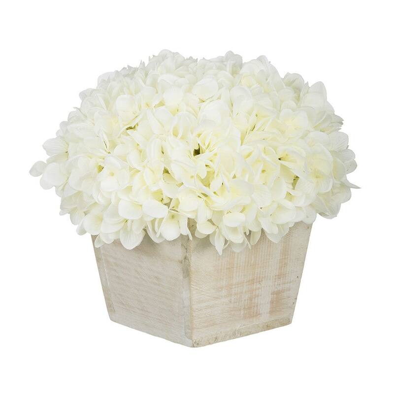 Faux Hydrangea in White Washed Wood Cube Planter - White