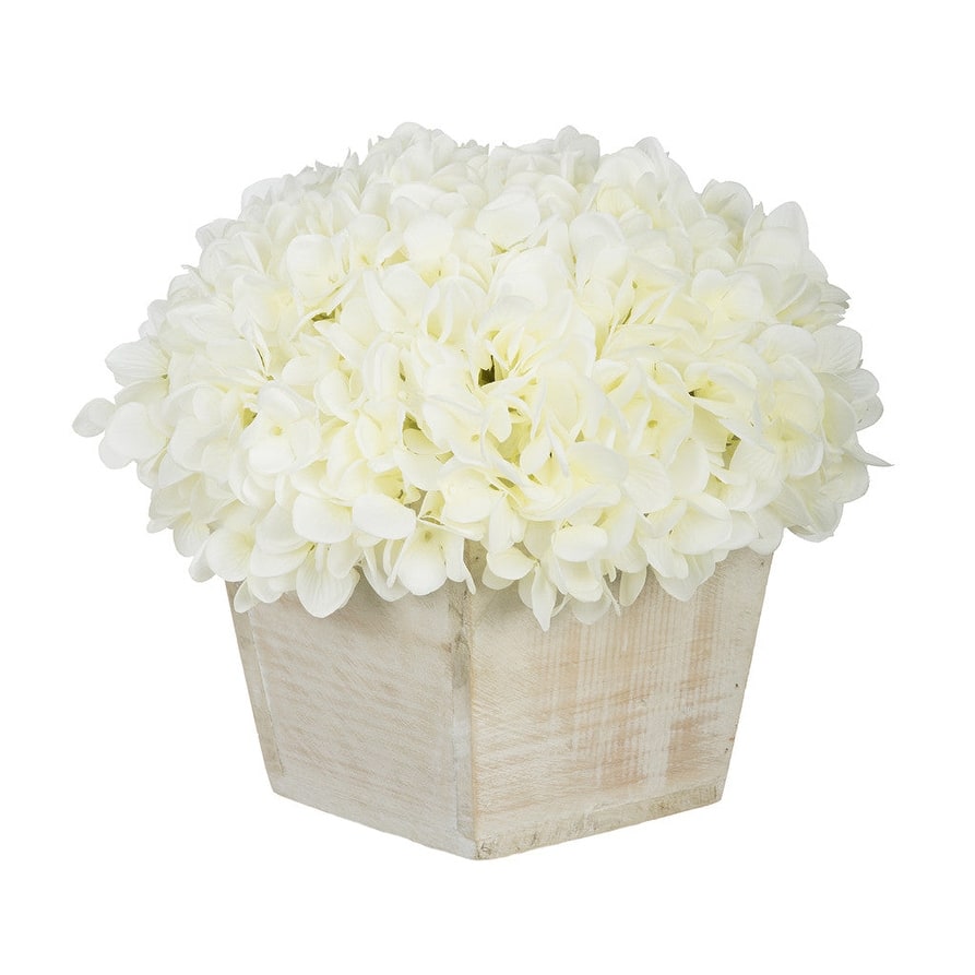 Faux Hydrangea in White Washed Wood Cube Planter