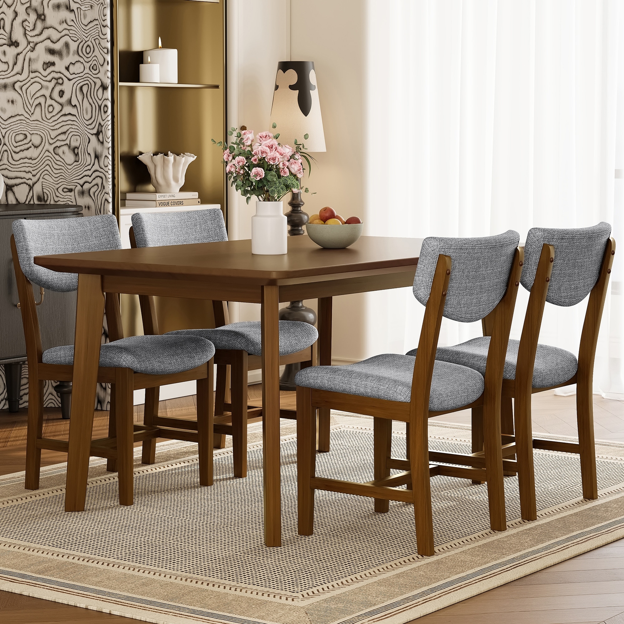 Farmhouse-Style 5-Piece Dining Set: 1 Solid Wood Table + 4 Upholstered Chairs – Rustic Minimalist Design for Kitchen.