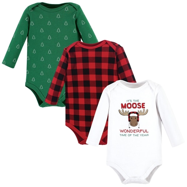 slide 1 of 1, Hudson Baby Cotton Long-Sleeve Bodysuits, Buffalo Christmoose 12-18 Months - Buffalo Christmoose
