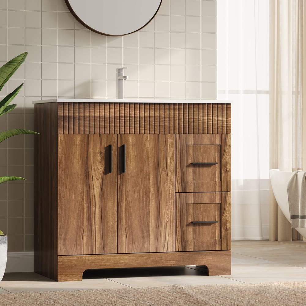 EROMMY Bathroom Vanity with Sink and Faucet, Freestanding Vanity Cabinet with Drawers & Doors, White Ceramic Top