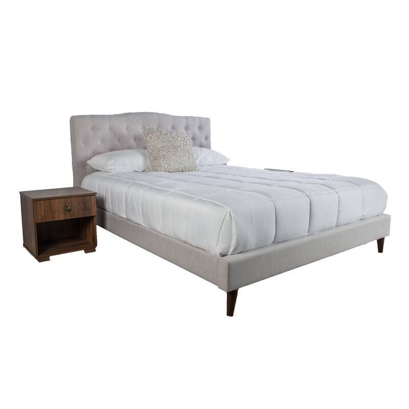 Queen Upholstered Bed Set with Two Nightstands in Stone Color