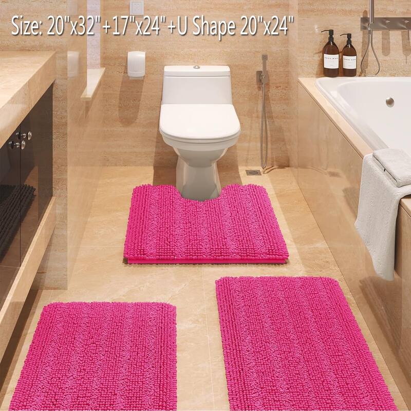 Ultra Soft Striped Non Slip Chenille Bathroom Rug Set 3 Pieces - Hot Pink