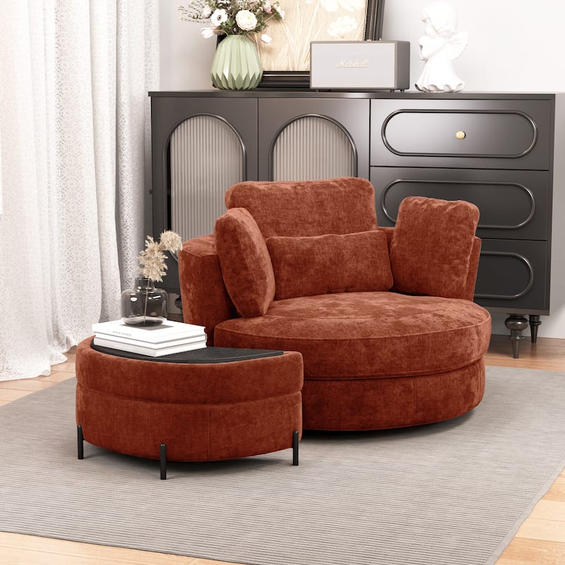 Modern Chenille 360° Swivel Accent Barrel Chair and Storage Ottoman