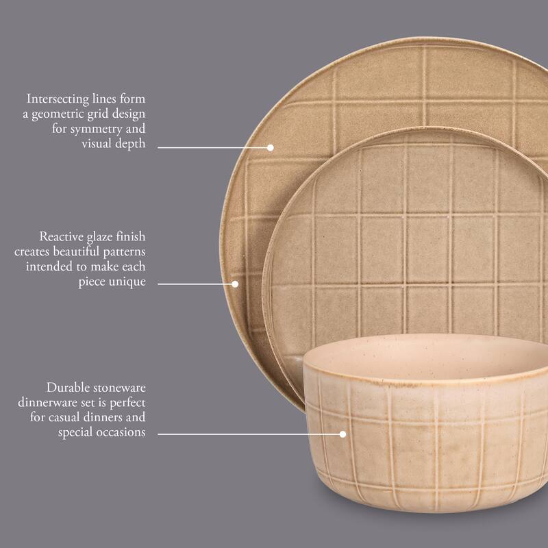 Gisbon Elite Butterwick 12 Piece Plates and Bowls Stoneware Dinnerware Set - Reactive Glaze Patterned Dishes