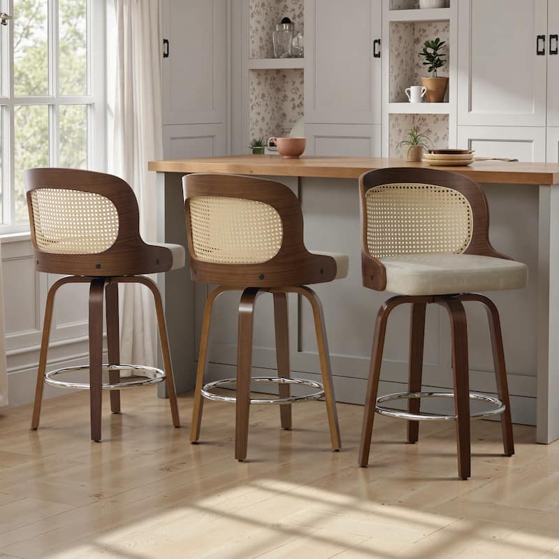 26" Upholstered Swivel Counter & Bar Stool with Rattan Back - 37.4"H x 19.09"W x 19.88"D