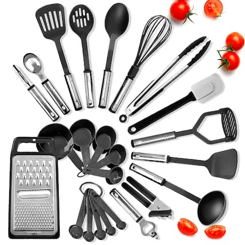 JoyTable 24 piece Kitchen Cooking Utensil Set - Stainless Steel, Non-Stick, Dishwasher Safe, and Heat Resistant