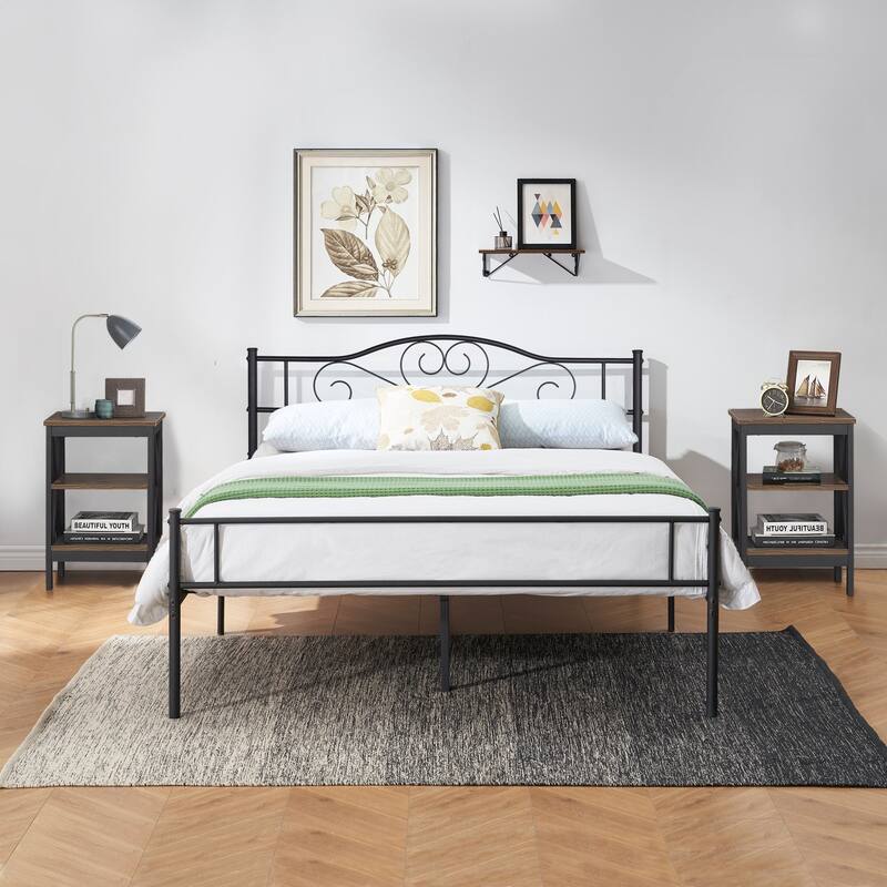 Taomika 3-Pieces Bed Frame and Modern Nightstands Sets - Brown - Queen