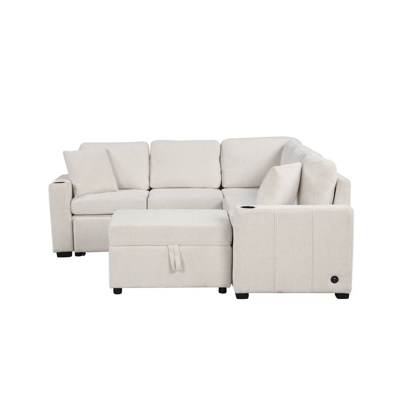 84.7" Convertible Sofa Bed in Beige Chenille with Storage Ottoman, USB & Cup Holders