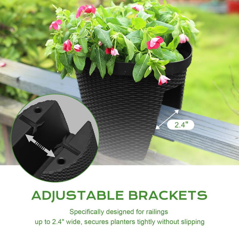 Aoodor 12'' Balcony Rattan Pattern Railing Planter Box with Drainage Holes and Adjustable Brackets - Set of 4 - 12''×11''