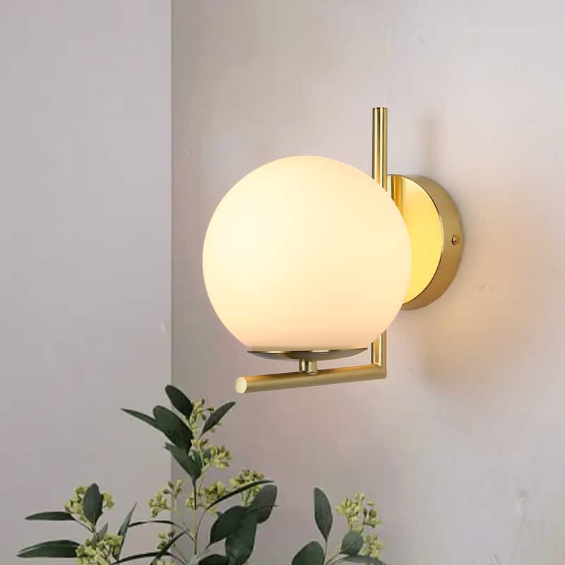 Modern Brass Gold Globe Glass Plug in Wall Sconce-Indoor Wall Light Fixtures for Bedroom, Living Room